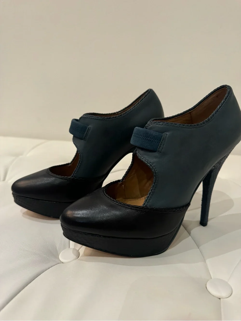 Ella Moss Two-Tone Black and Dark Teal Platform Mary Jane Pumps